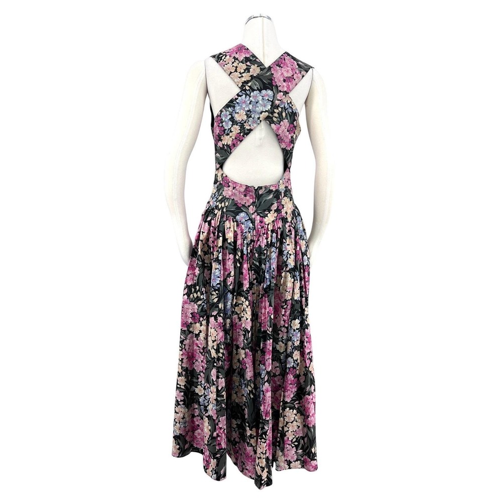 Vintage 90s Floral Criss Cross Back Midi Dress with Pockets - Picture 2 of 6